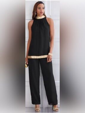Ashro Black Wide-Leg 2 piece J
Set with Gold Sequin Trim